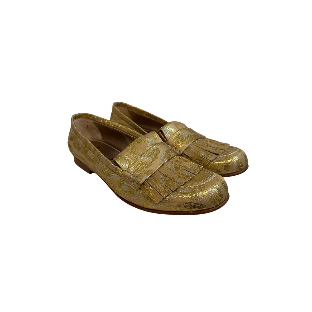 Lanvin Gold Metallic Brocade Leather and Silk Kiltie Loafers, 40